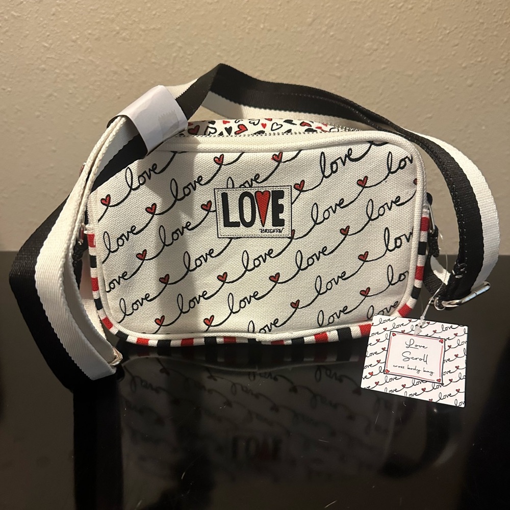 Brighton Love Scroll NWT Cross Body Bag Purse  White, Red & Black with Hearts 7"